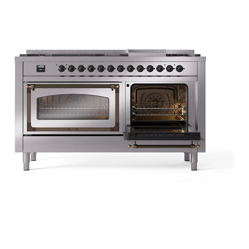 ILVE Nostalgie II Noblesse 60" Dual Fuel Freestanding Range in Stainless Steel with Burnished Trim, UN60FNMPSSBLP