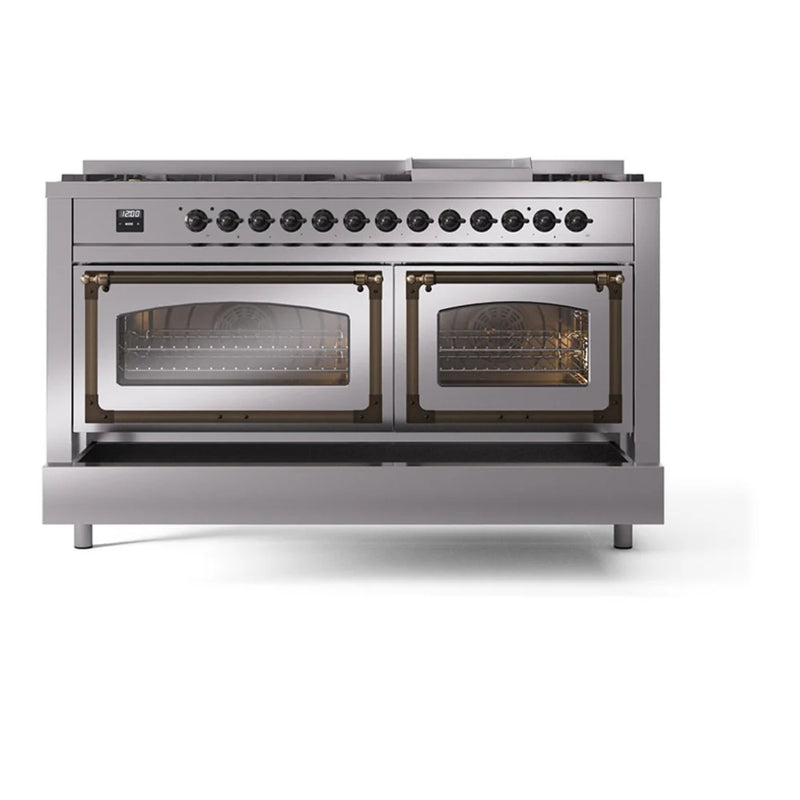 ILVE Nostalgie II Noblesse 60" Dual Fuel Freestanding Range in Stainless Steel with Burnished Trim, UN60FNMPSSBLP