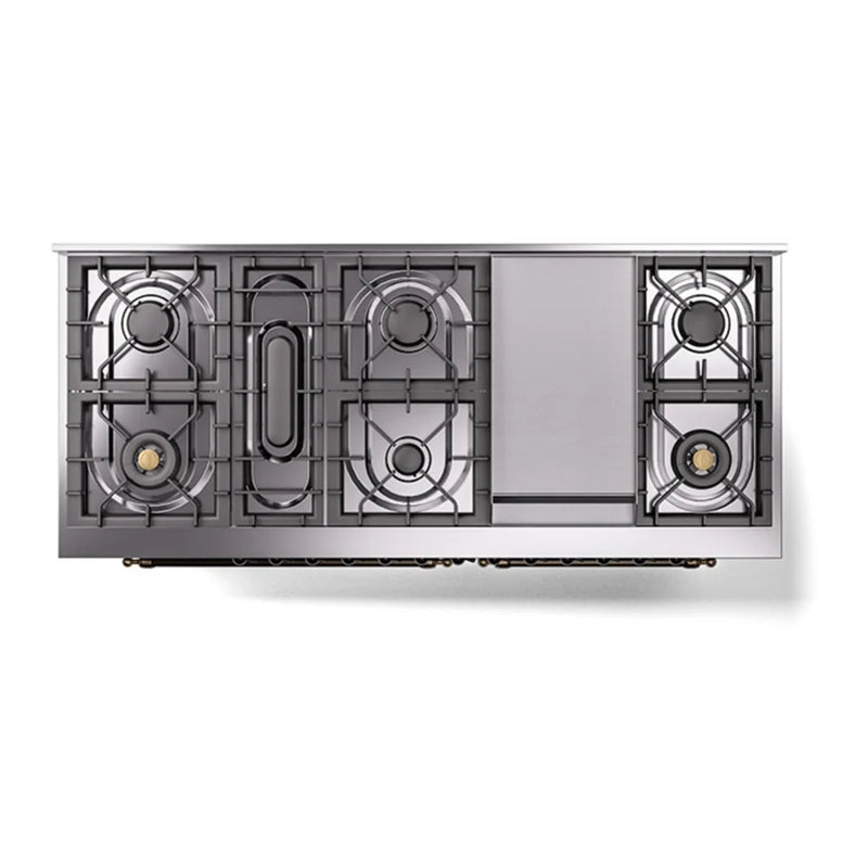 ILVE Nostalgie II Noblesse 60" Dual Fuel Freestanding Range in Stainless Steel with Burnished Trim, UN60FNMPSSBLP
