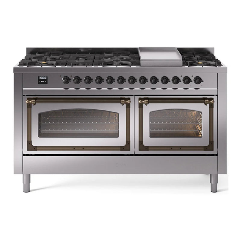 ILVE Nostalgie II Noblesse 60" Dual Fuel Freestanding Range in Stainless Steel with Burnished Trim, UN60FNMPSSB
