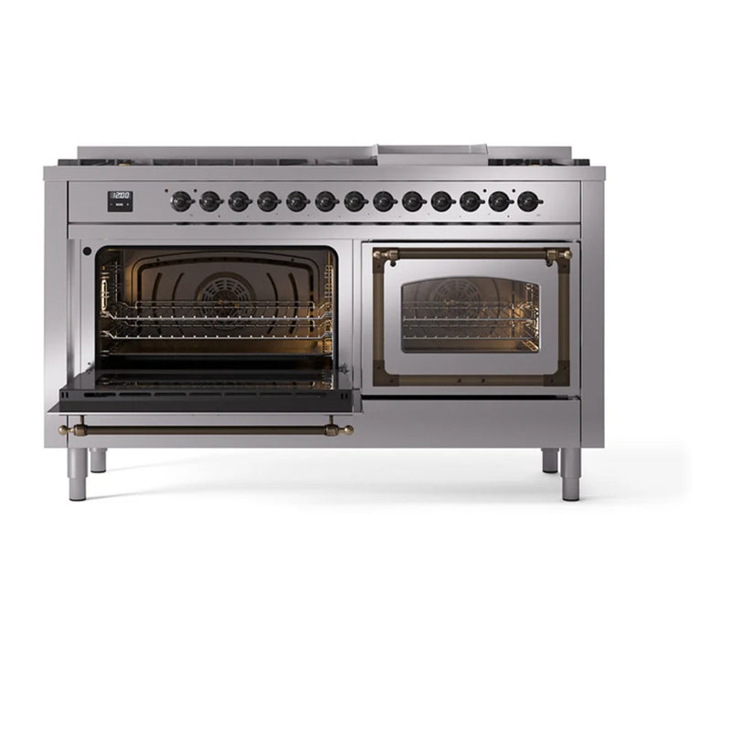 ILVE Nostalgie II Noblesse 60" Dual Fuel Freestanding Range in Stainless Steel with Burnished Trim, UN60FNMPSSB