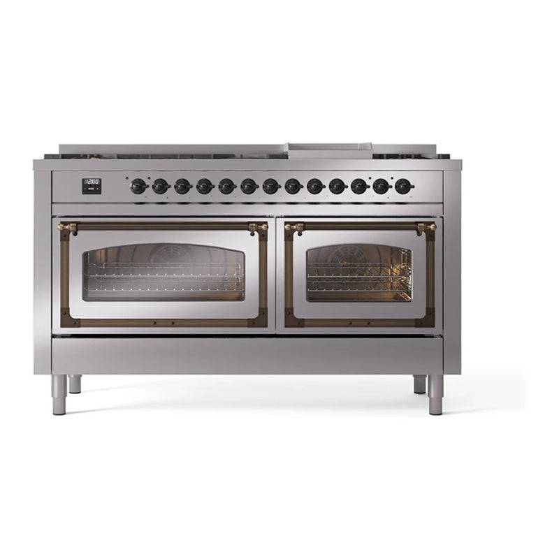 ILVE Nostalgie II Noblesse 60" Dual Fuel Freestanding Range in Stainless Steel with Burnished Trim, UN60FNMPSSB