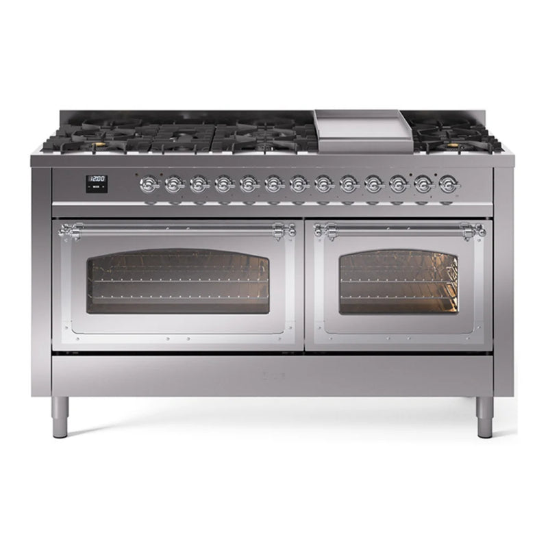 ILVE Nostalgie II Noblesse 60" Dual Fuel Freestanding Range in Stainless Steel with Chrome Trim, UN60FNMPSSCLP