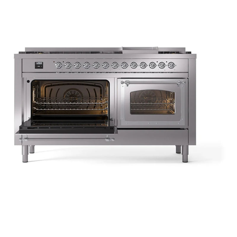 ILVE Nostalgie II Noblesse 60" Dual Fuel Freestanding Range in Stainless Steel with Chrome Trim, UN60FNMPSSC