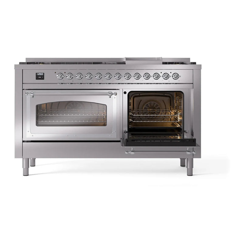 ILVE Nostalgie II Noblesse 60" Dual Fuel Freestanding Range in Stainless Steel with Chrome Trim, UN60FNMPSSC