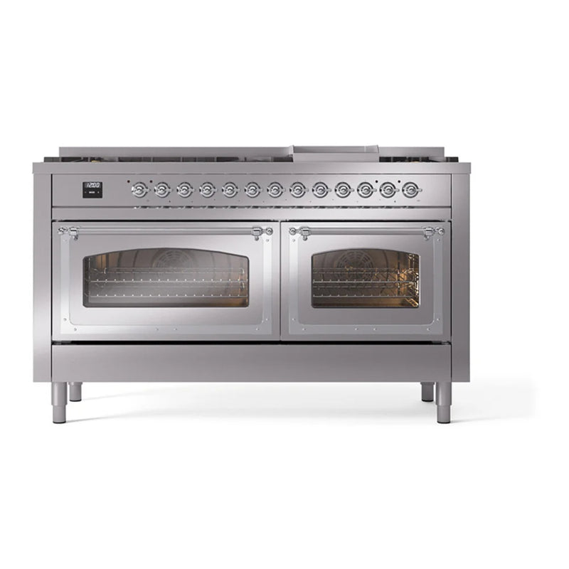 ILVE Nostalgie II Noblesse 60" Dual Fuel Freestanding Range in Stainless Steel with Chrome Trim, UN60FNMPSSC