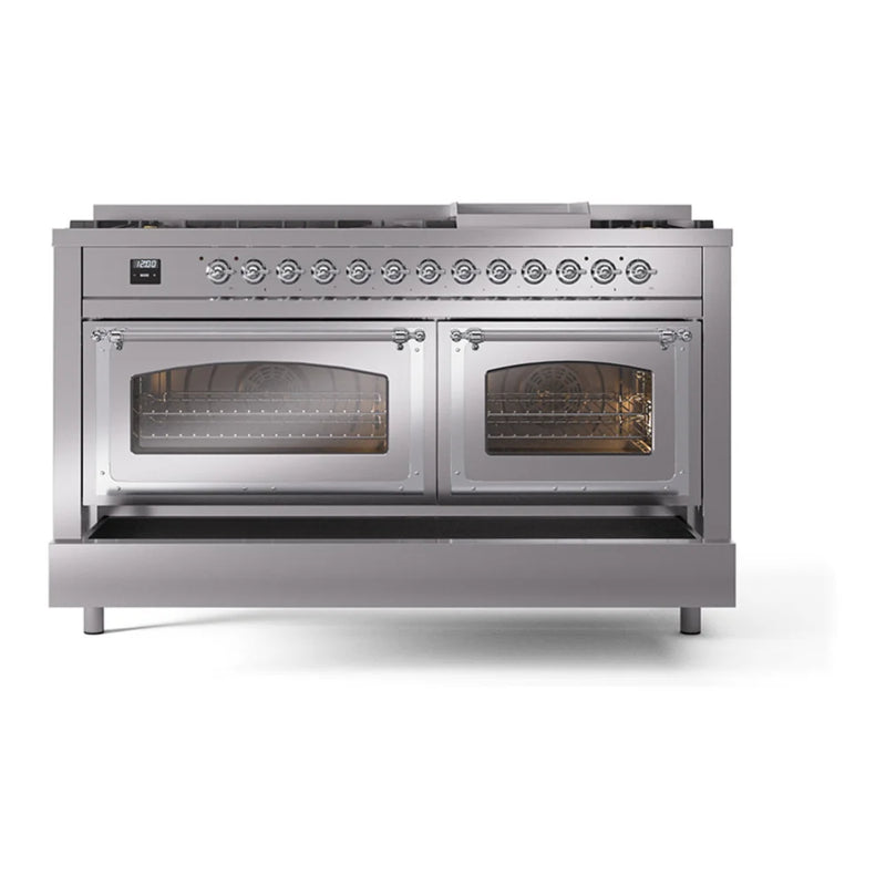 ILVE Nostalgie II Noblesse 60" Dual Fuel Freestanding Range in Stainless Steel with Chrome Trim, UN60FNMPSSC