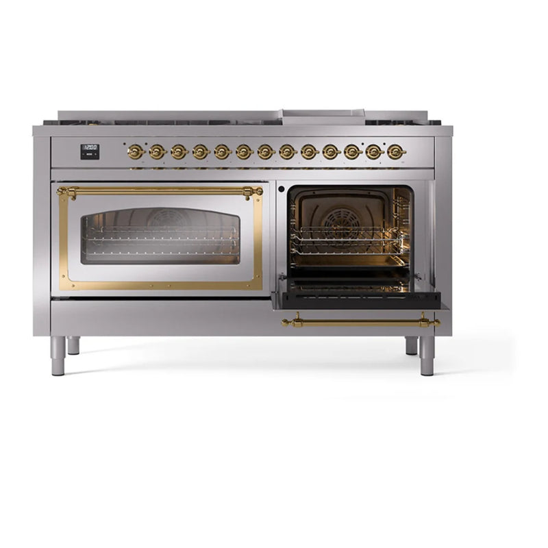 ILVE Nostalgie II Noblesse 60" Dual Fuel Freestanding Range in Stainless Steel with Brass Trim, UN60FNMPSSGLP