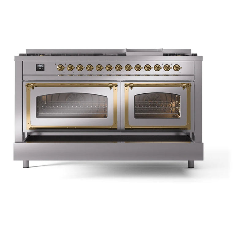 ILVE Nostalgie II Noblesse 60" Dual Fuel Freestanding Range in Stainless Steel with Brass Trim, UN60FNMPSSGLP