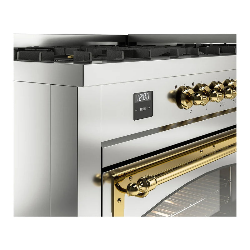 ILVE Nostalgie II Noblesse 60" Dual Fuel Freestanding Range in Stainless Steel with Brass Trim, UN60FNMPSSGLP