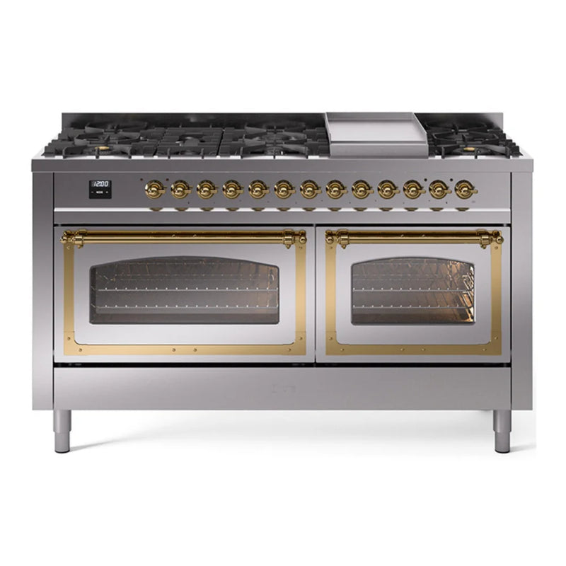 ILVE Nostalgie II Noblesse 60" Dual Fuel Freestanding Range in Stainless Steel with Brass Trim, UN60FNMPSSG