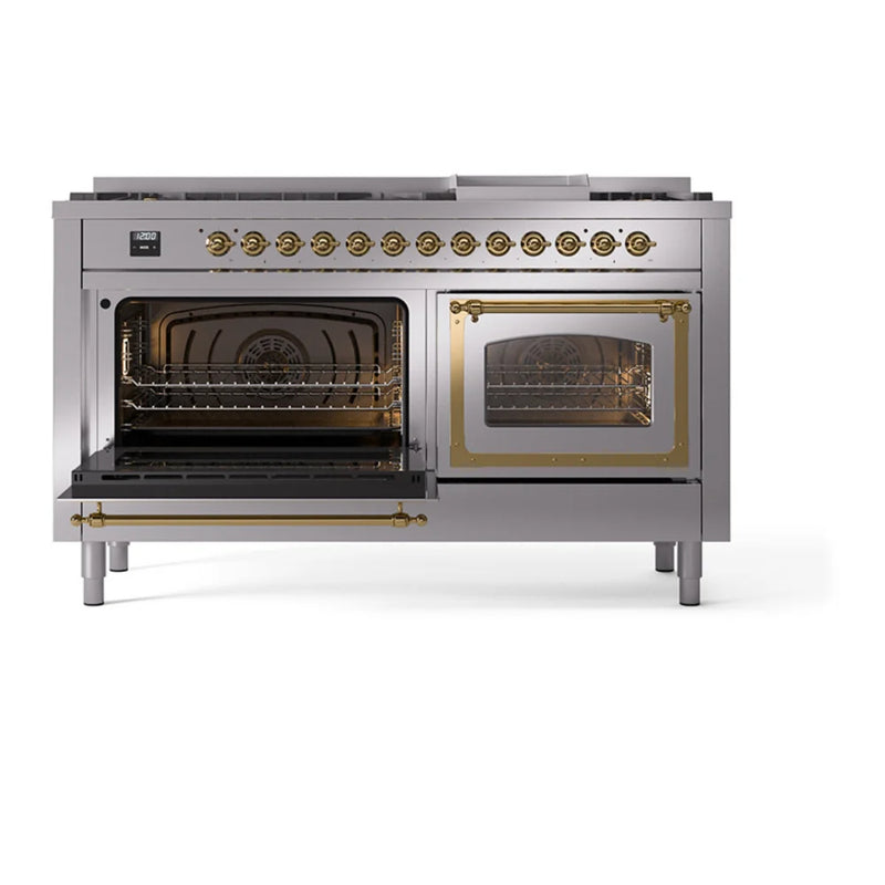 ILVE Nostalgie II Noblesse 60" Dual Fuel Freestanding Range in Stainless Steel with Brass Trim, UN60FNMPSSG