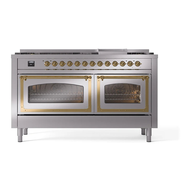 ILVE Nostalgie II Noblesse 60" Dual Fuel Freestanding Range in Stainless Steel with Brass Trim, UN60FNMPSSG