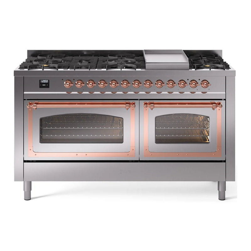 ILVE Nostalgie II Noblesse 60" Dual Fuel Freestanding Range in Stainless Steel with Copper Trim, UN60FNMPSSPLP