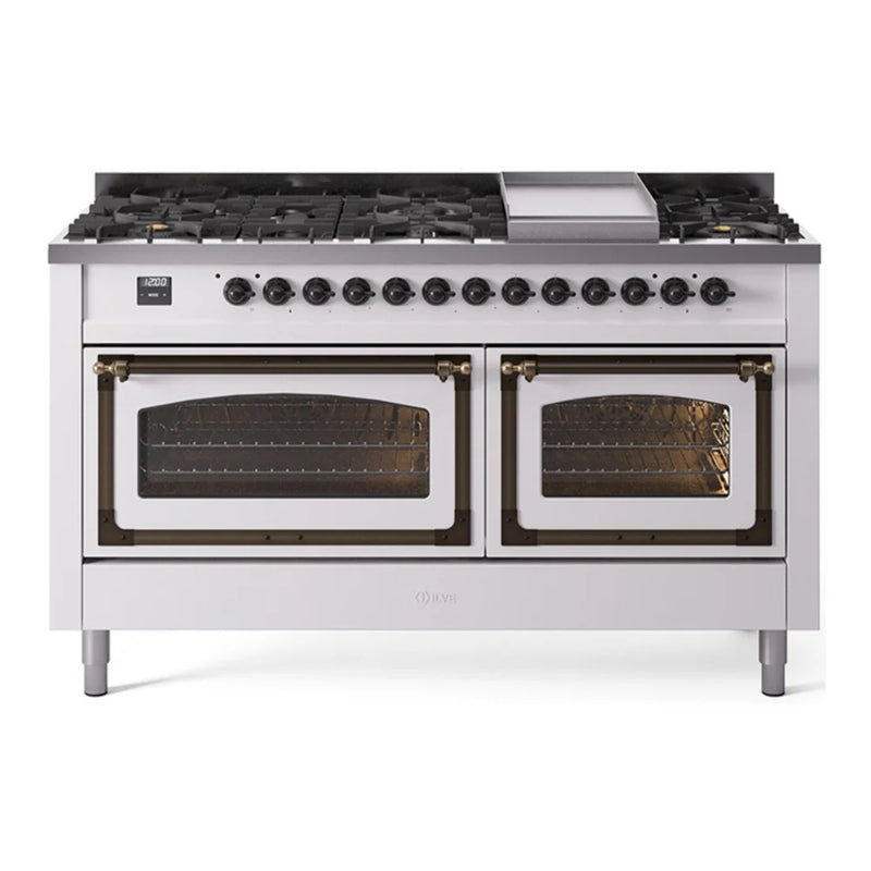 ILVE Nostalgie II Noblesse 60" Dual Fuel Freestanding Range in White with Burnished Trim, UN60FNMPWHBLP