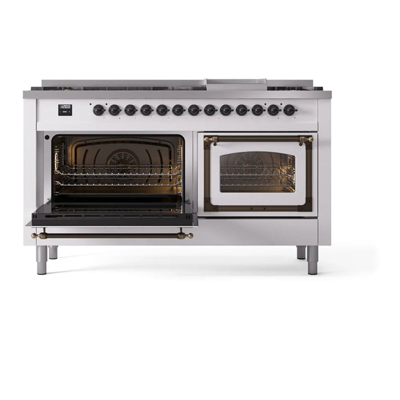 ILVE Nostalgie II Noblesse 60" Dual Fuel Freestanding Range in White with Burnished Trim, UN60FNMPWHBLP