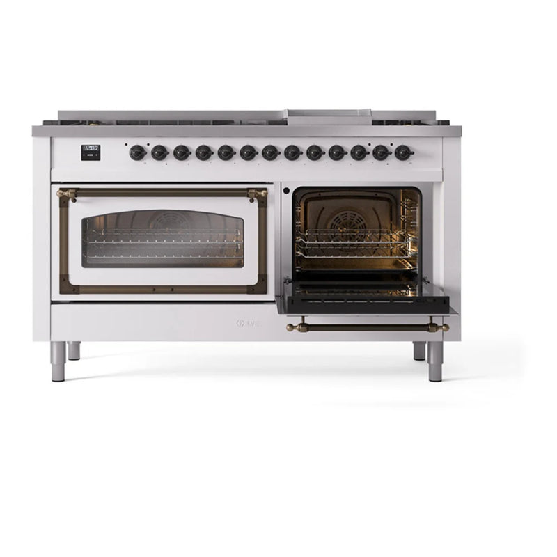 ILVE Nostalgie II Noblesse 60" Dual Fuel Freestanding Range in White with Burnished Trim, UN60FNMPWHBLP
