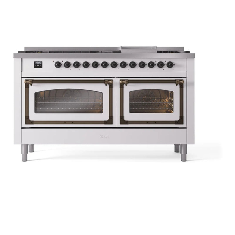 ILVE Nostalgie II Noblesse 60" Dual Fuel Freestanding Range in White with Burnished Trim, UN60FNMPWHB