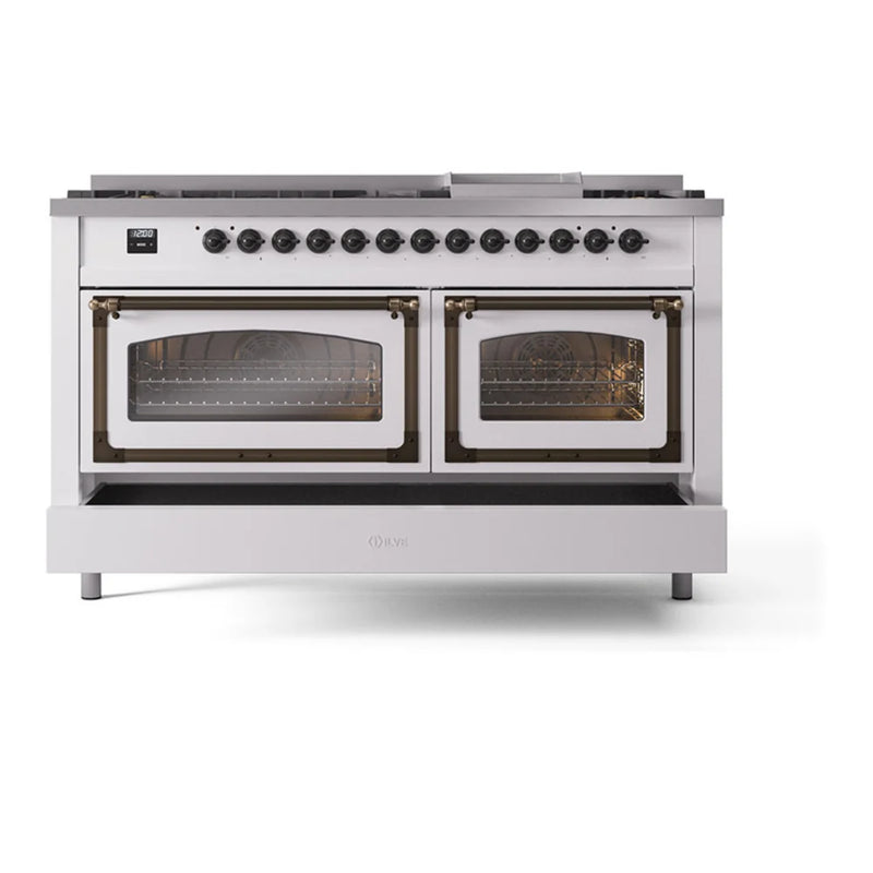 ILVE Nostalgie II Noblesse 60" Dual Fuel Freestanding Range in White with Burnished Trim, UN60FNMPWHB