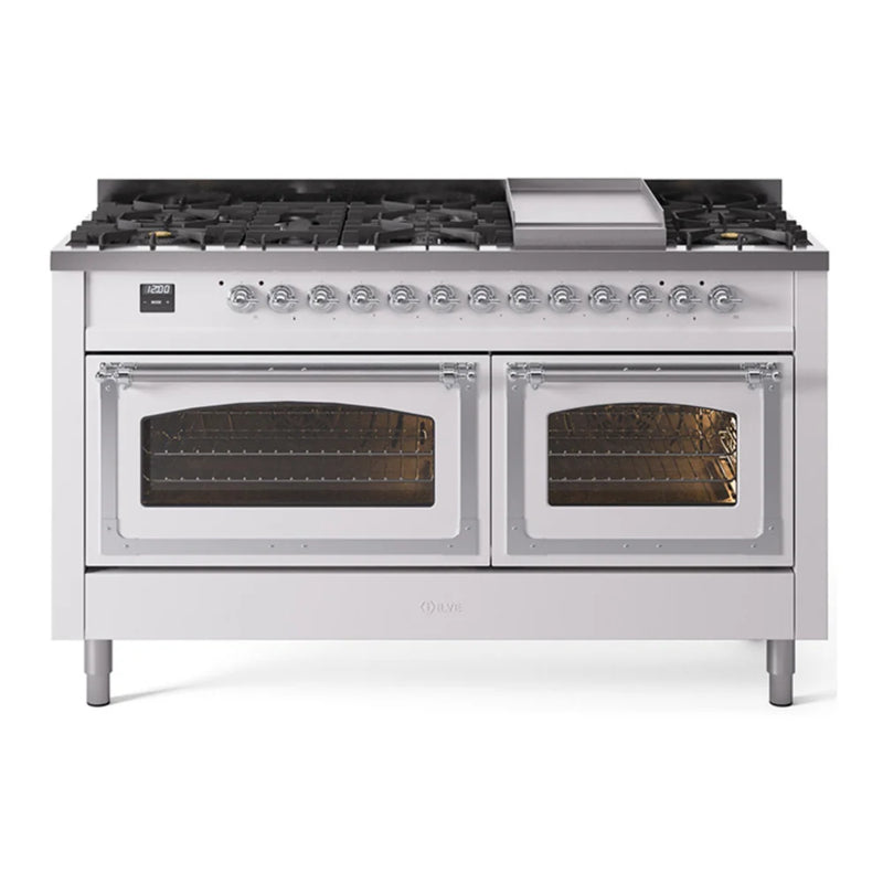 ILVE Nostalgie II Noblesse 60" Dual Fuel Freestanding Range in White with Chrome Trim, UN60FNMPWHCLP