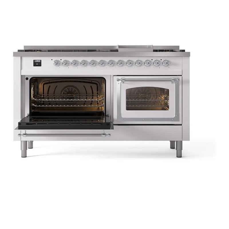 ILVE Nostalgie II Noblesse 60" Dual Fuel Freestanding Range in White with Chrome Trim, UN60FNMPWHCLP