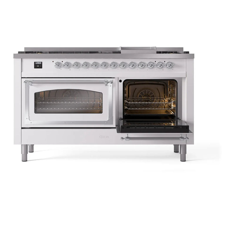 ILVE Nostalgie II Noblesse 60" Dual Fuel Freestanding Range in White with Chrome Trim, UN60FNMPWHCLP