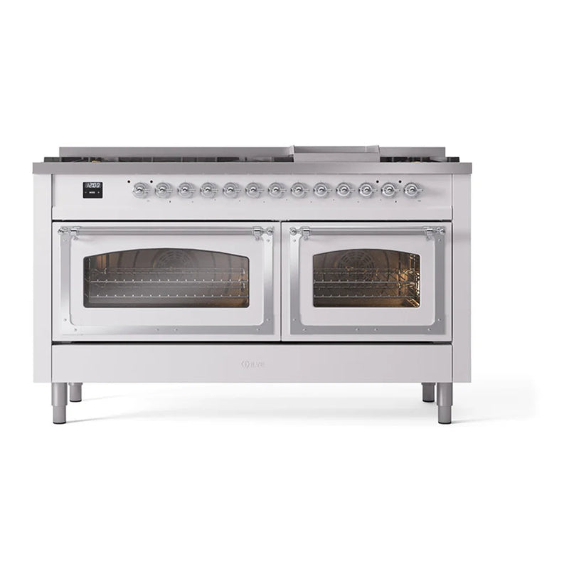 ILVE Nostalgie II Noblesse 60" Dual Fuel Freestanding Range in White with Chrome Trim, UN60FNMPWHCLP