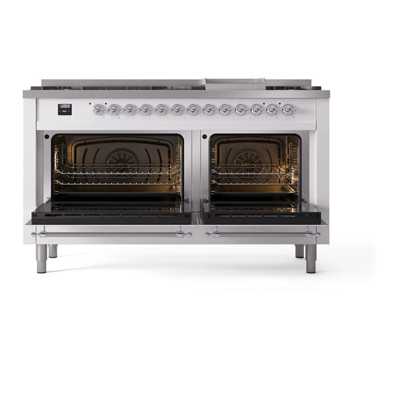 ILVE Nostalgie II Noblesse 60" Dual Fuel Freestanding Range in White with Chrome Trim, UN60FNMPWHC
