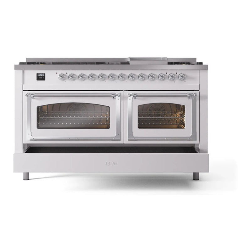 ILVE Nostalgie II Noblesse 60" Dual Fuel Freestanding Range in White with Chrome Trim, UN60FNMPWHC