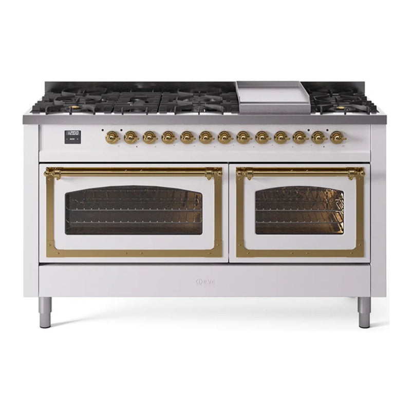 ILVE Nostalgie II Noblesse 60" Dual Fuel Freestanding Range in White with Brass Trim, UN60FNMPWHGLP