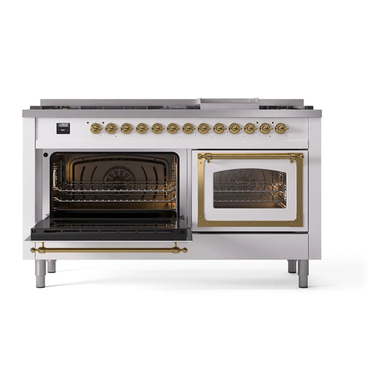 ILVE Nostalgie II Noblesse 60" Dual Fuel Freestanding Range in White with Brass Trim, UN60FNMPWHGLP