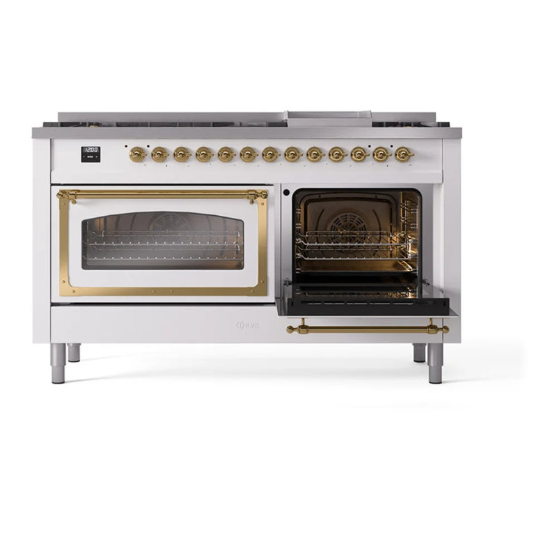 ILVE Nostalgie II Noblesse 60" Dual Fuel Freestanding Range in White with Brass Trim, UN60FNMPWHGLP