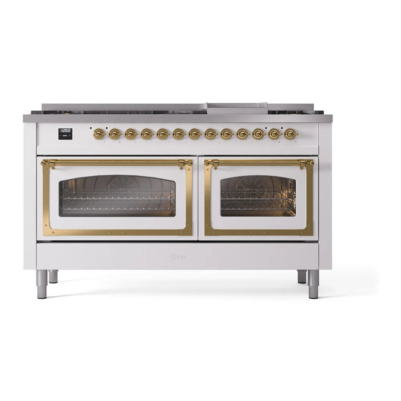 ILVE Nostalgie II Noblesse 60" Dual Fuel Freestanding Range in White with Brass Trim, UN60FNMPWHGLP