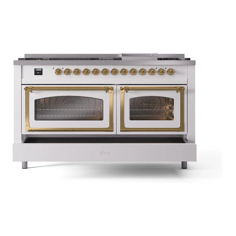 ILVE Nostalgie II Noblesse 60" Dual Fuel Freestanding Range in White with Brass Trim, UN60FNMPWHGLP
