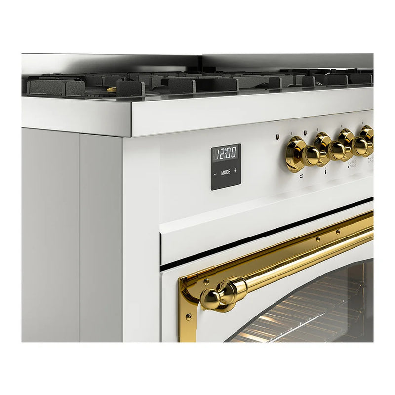 ILVE Nostalgie II Noblesse 60" Dual Fuel Freestanding Range in White with Brass Trim, UN60FNMPWHGLP