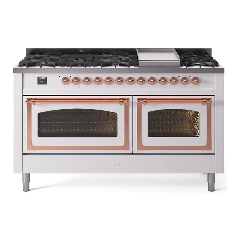 ILVE Nostalgie II Noblesse 60" Dual Fuel Freestanding Range in White with Copper Trim, UN60FNMPWHPLP
