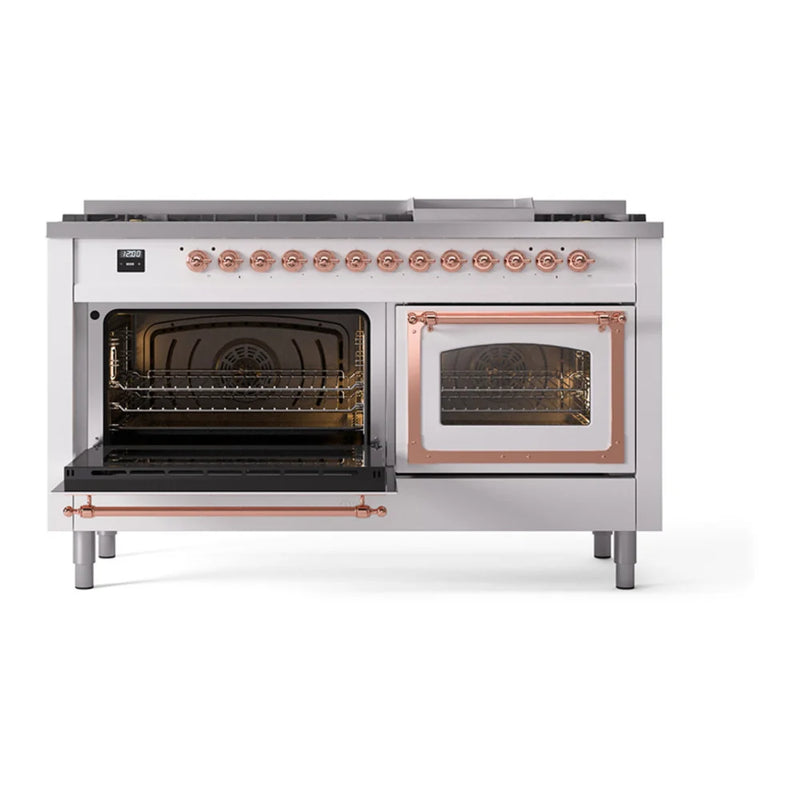 ILVE Nostalgie II Noblesse 60" Dual Fuel Freestanding Range in White with Copper Trim, UN60FNMPWHPLP