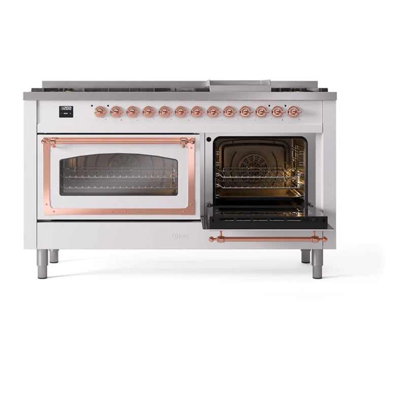 ILVE Nostalgie II Noblesse 60" Dual Fuel Freestanding Range in White with Copper Trim, UN60FNMPWHPLP