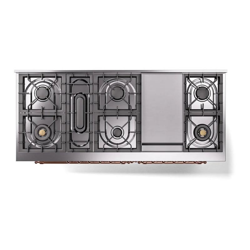 ILVE Nostalgie II Noblesse 60" Dual Fuel Freestanding Range in White with Copper Trim, UN60FNMPWHPLP
