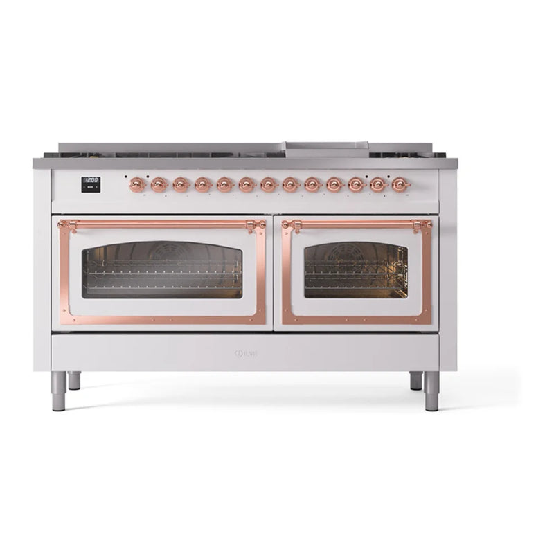 ILVE Nostalgie II Noblesse 60" Dual Fuel Freestanding Range in White with Copper Trim, UN60FNMPWHP