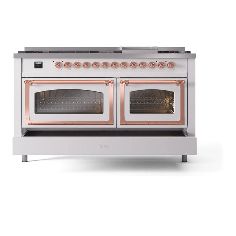 ILVE Nostalgie II Noblesse 60" Dual Fuel Freestanding Range in White with Copper Trim, UN60FNMPWHP