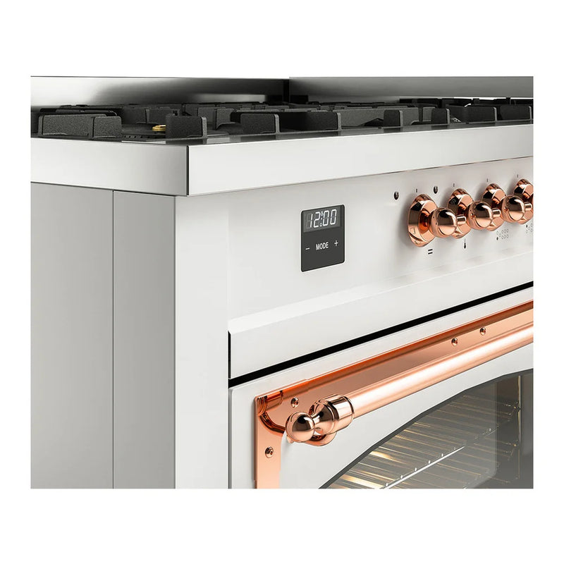 ILVE Nostalgie II Noblesse 60" Dual Fuel Freestanding Range in White with Copper Trim, UN60FNMPWHP