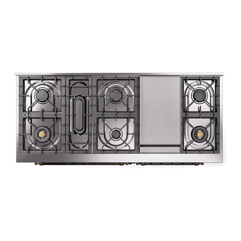 ILVE Nostalgie II Noblesse 60" Dual Fuel Freestanding Range in Antique White with Burnished Trim, UN60FQNMPAWBLP
