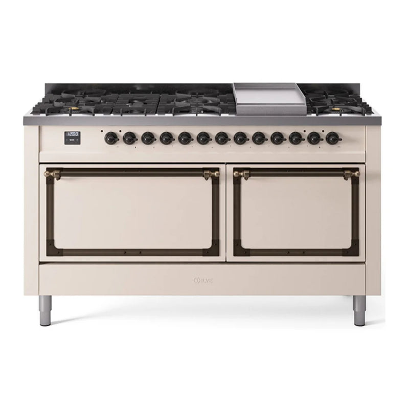 ILVE Nostalgie II Noblesse 60" Dual Fuel Freestanding Range in Antique White with Burnished Trim, UN60FQNMPAWB