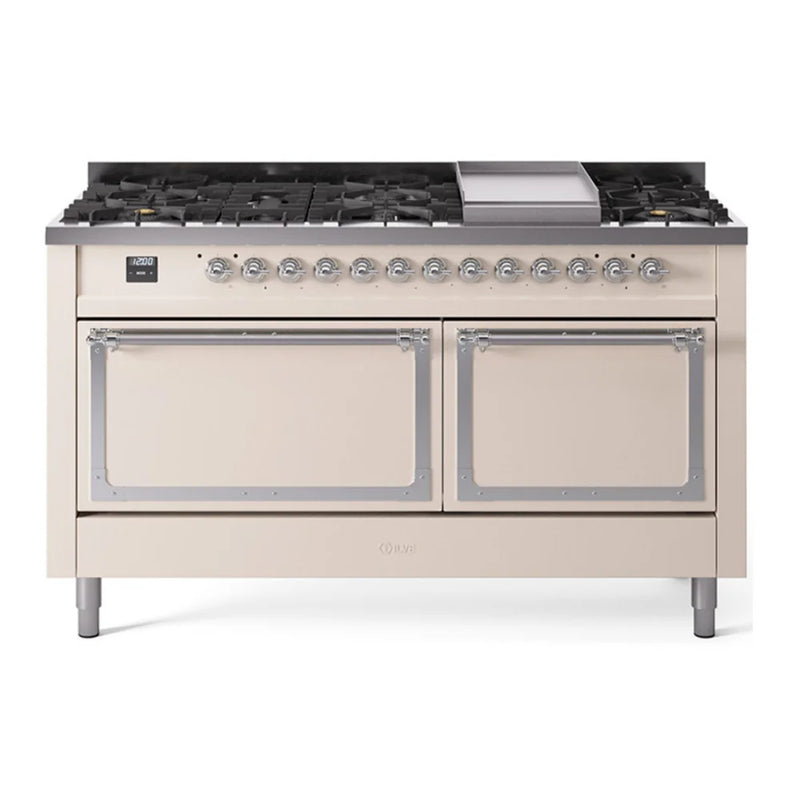 ILVE Nostalgie II Noblesse 60" Dual Fuel Freestanding Range in Antique White with Chrome Trim, UN60FQNMPAWCLP