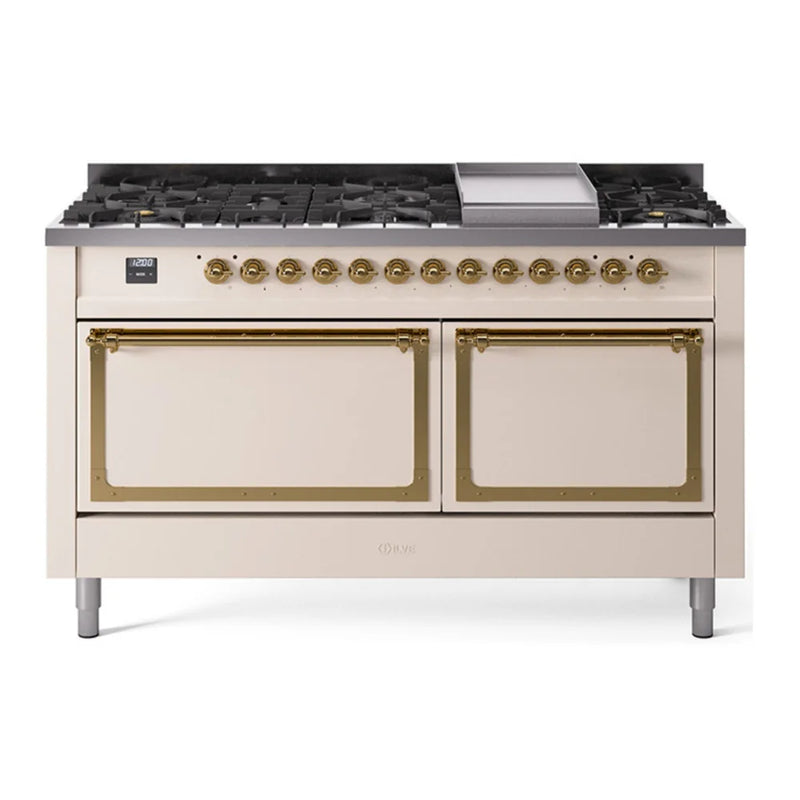 ILVE Nostalgie II Noblesse 60" Dual Fuel Freestanding Range in Antique White with Brass Trim, UN60FQNMPAWG