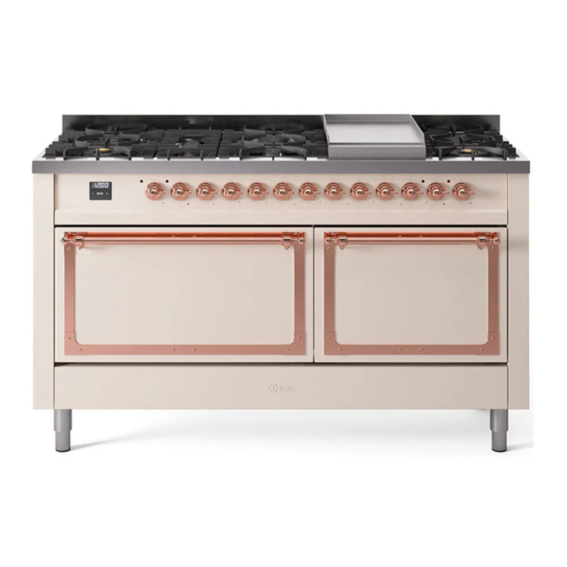 ILVE Nostalgie II Noblesse 60" Dual Fuel Freestanding Range in Antique White with Copper Trim, UN60FQNMPAWPLP