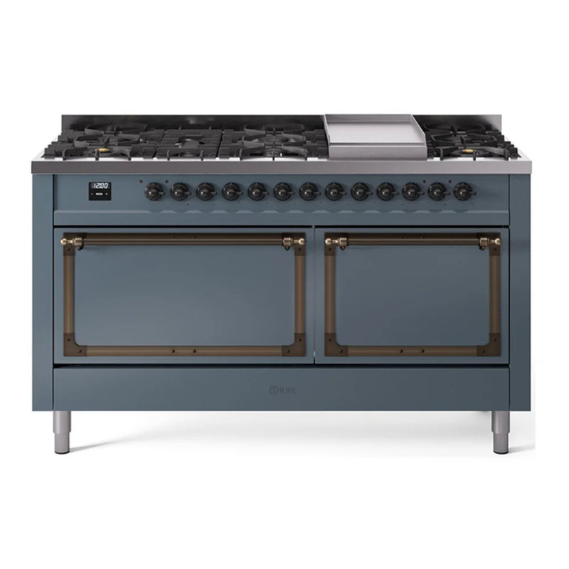 ILVE Nostalgie II Noblesse 60" Dual Fuel Freestanding Range in Blue Grey with Burnished Trim, UN60FQNMPBGBLP