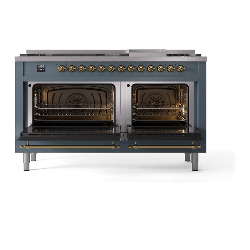 ILVE Nostalgie II Noblesse 60" Dual Fuel Freestanding Range in Blue Grey with Brass Trim, UN60FQNMPBGGLP