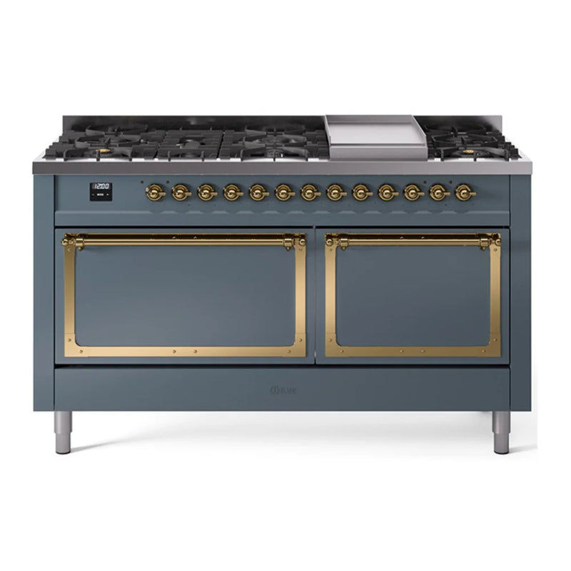 ILVE Nostalgie II Noblesse 60" Dual Fuel Freestanding Range in Blue Grey with Brass Trim, UN60FQNMPBGG